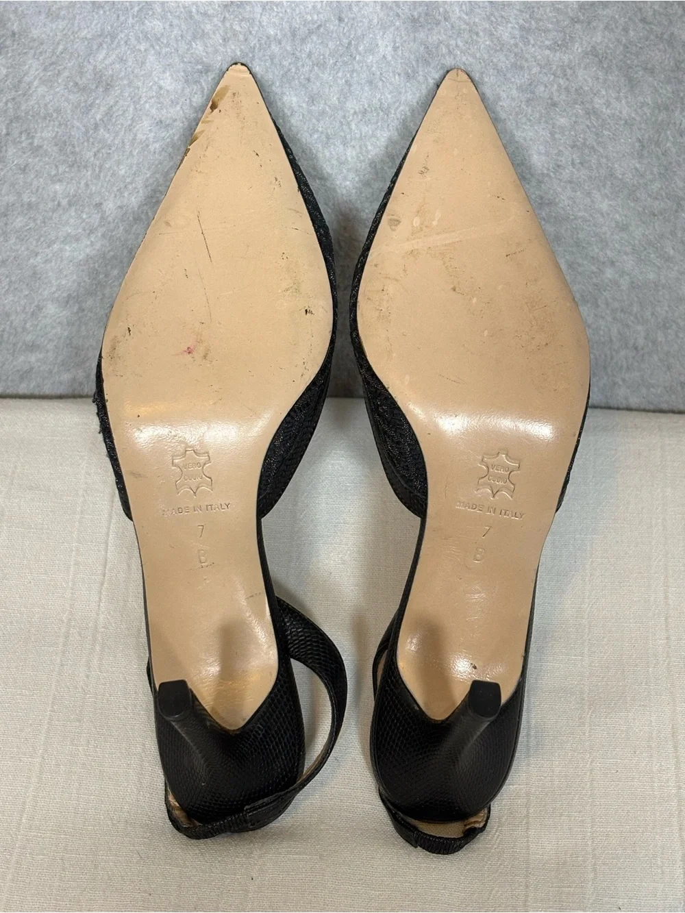 Vintage Isaac Mizrahi Patterned Fabric Slingback Pumps Heels-Black-Women Size 7